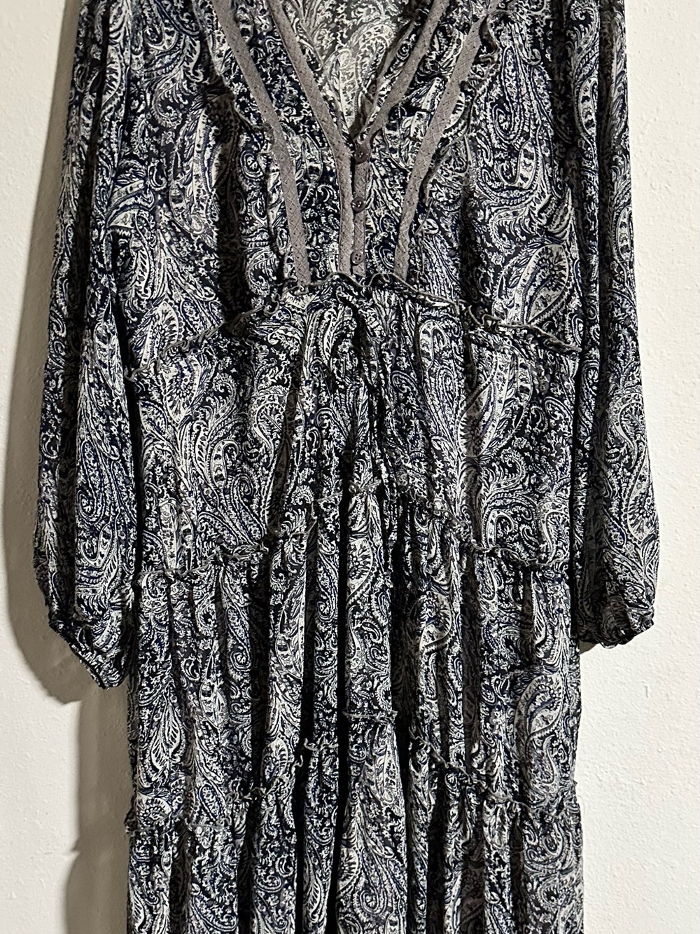 Wonderly Paisley V-Neck Tiered Maxi Dress in Navy, Taupe, & White